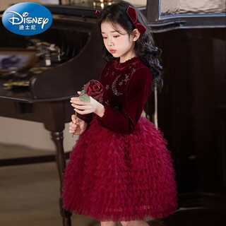 Disney girls dress children's autumn and winter gold velvet sequins burgundy puffy cake dress hosting performance princess dress burgundy 01 style 100 cm