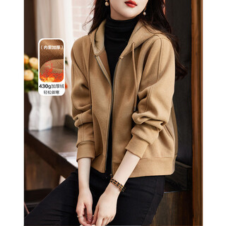 Demanaga thick velvet winter commuting hooded warm and 0-burden versatile knitted jacket for women short khaki m