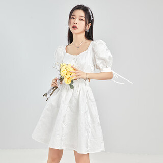 Fantu fantu fashion age-reducing puff sleeves and square collar dress 2024 summer new style non-detachable commuting skirt for women beige s