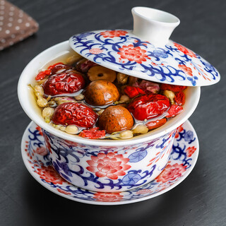 Unclumsy sancai tureen anti-scalding three-fort tea bowl large 400 ml blue and white glaze red horseshoe hovering eight-treasure tureen