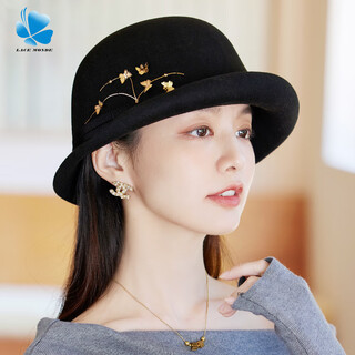 Lan shimeng wearing top hat 2024 new butterfly embellished wool curled basin hat women's autumn and winter warm and fashionable little fisherman hat black adult one size (hidden adjustment 56-57.5cm)