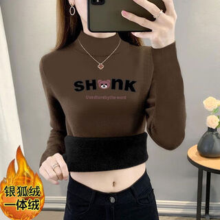 Xuyiren velvet thickened silver fox velvet half turtleneck bottoming shirt for women 2025 winter new women's slim inner warm top brown sh model xl recommended 115-130jin jin equals 0.5 kg