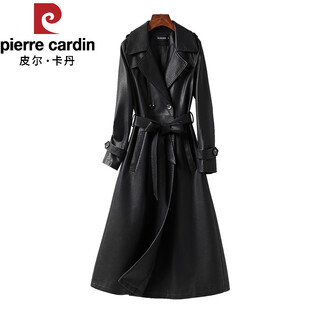 Pierre cardin haining genuine leather jacket women's mid-length 2025 autumn and winter new sheepskin windbreaker lace-up slim jacket black l recommended 90-100 jin jin equals 0.5 kg