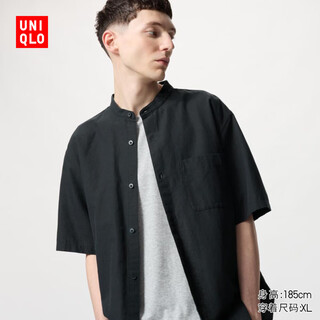 Uniqlo men's and women's cotton and linen stand-up collar shirt/short-sleeved shirt cardigan casual 474528 464939 474528/09 black l