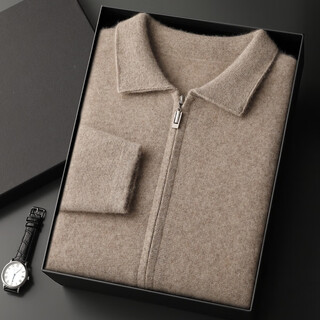 Ordos city-made business casual cashmere sweater men's polo collar solid color zipper sweater loose thickened needle camel 2xl