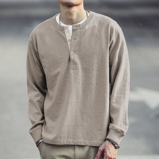 Kuraishi kazuki 2025 new japanese fashion brand pure cotton long-sleeved t-shirt men's spring and autumn loose sweatshirt henry collar bottoming shirt for men sand gray xl
