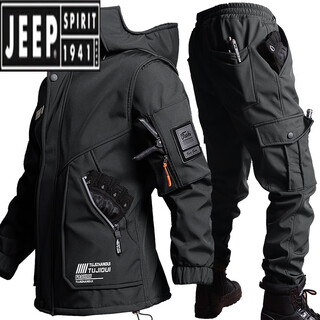 Jeep (jeep) outdoor soft shell jacket suit men's velvet thickened work clothes waterproof windproof fishing cycling suit keep warm in winter black xl 175 (135-150jin jin equals 0.5kg)