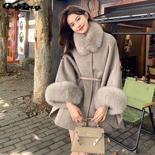 Gu bing imitation fur coat women's fashionable new year's shirt autumn and winter style furry sleeves fur collar woolen coat smoke gray s recommended 80-125jin jin equals 0.5 kg