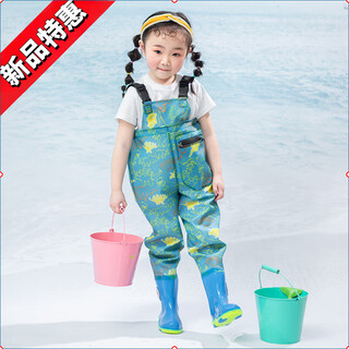 Kun linyi children's water play one-piece waders kindergarten waterproof clothes for catching the sea men and women children's rain boots to catch fish rain pants beach children's dinosaur overalls thickened with pockets 21 yards/27 (shoe inner length 14.5cm)