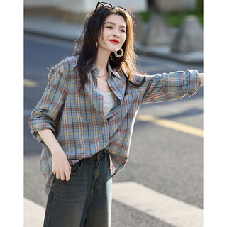 Demana intellectuals spring and autumn breathing pure cotton retro plaid shirt comfortable and matchable flesh covering shirt women's clothing