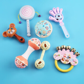 手摇铃玩具婴儿0到3个月拨浪鼓6新生小宝宝沙锤抓握训练2龄手摇铃 猫咪摇铃7件套糖指手双长圆猫颜