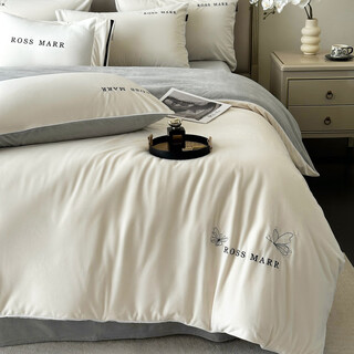 Mengjie home textiles class a high-end baby velvet warm four-piece set winter thickened milk velvet sheet quilt cover bedding 4 winter baby velvet-white gray 1.5m bed sheet style four-piece set (quilt cover 200*230cm)