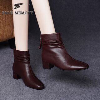 Pale memory sheepskin short boots for women 2025 autumn and winter new style thick heel genuine leather boots soft leather mother leather shoes mid heel ankle boots burgundy single lining 38
