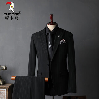 Woodpecker (tucano) striped suit men's full groom's suit british style groomsmen's clothes business formal wedding suit men's black (suit + trousers) 50/l (112-125jin jin equals 0.5kg)