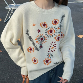 Baoye autumn and winter milk series pure wool pullover sweater women's retro embroidered sweater loose lazy style round neck bottoming shirt ivory white one size