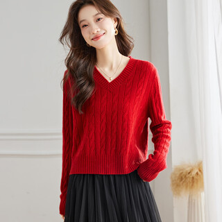 Shexi (srcr) v-neck cardigan for women 100% wool sweater short style spring autumn new year red dress knitted base thick style