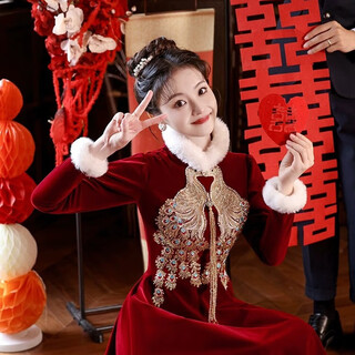 Li baixin chinese cheongsam toast wear bride 2025 long sleeve red out-of-pavilion wedding return engagement dress thickened autumn and winter burgundy m recommended 90-100jin jin is equal to 0.5 kg