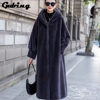 Gu bing imitation mink coat imitation fur coat women's long hooded loose fashion imitation mink velvet coat with fur one-piece gray purple m 85jin jin equals 0.5kg -125jin jin equals 0.5kg