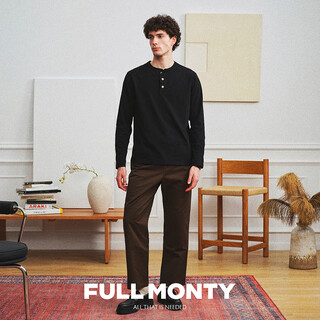Full monty henry collar t-shirt black men's pure cotton casual versatile long-sleeved business bottoming shirt 2024 spring and autumn black 7745 m