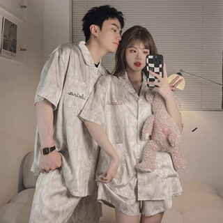 Clolv kissck summer light luxury couple pajamas ice silk one male and one female student dormitory home clothes suit short-sleeved shorts cx418# gray letters high quality female m + male l 2 sets in total