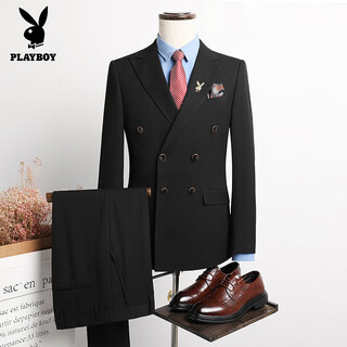 Playboy black suit suit men's gun lapel double-breasted high-end formal groom's wedding dress men's wedding suit black two-piece set m