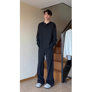 Shelley jones henry collar waffle plus velvet thickened long-sleeved t-shirt men's autumn and winter high-end cleanfit inner layering shirt black regular m recommended 90-110jin jin equals 0.5 kg