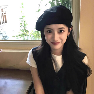 Hat women's beret autumn and winter korean style versatile large head circumference showing face small versatile painter's cap duck hat women black children black
