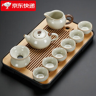 Qixuanyuan beige ru kiln kung fu tea set ceramic teapot cover bowl teacup tea tray office tea set complete household beige ru kiln hometown auspicious pot 9-piece set + tea tray