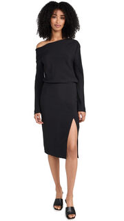 Theory women's asymmetrical shoulder midi dress thin pleats workplace party black 6