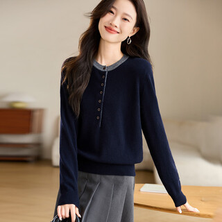 Shexi (srcr) fake two-piece pure wool sweater for women, 100% wool inner layer, autumn and winter short loose contrasting color knitted sweater