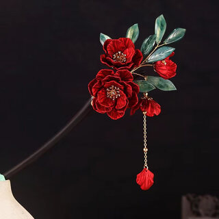 Qianbaolai retro bridal headdress red flower hairpin earrings set women's toast wear wedding dress and makeup hair accessories red flower sandalwood hairpin
