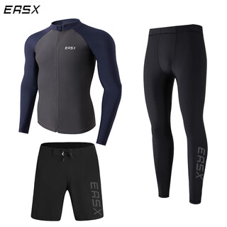 He jiagong swimsuit men's long-sleeved surfing suit sun protection two-piece diving suit snorkeling sun protection jellyfish suit two-piece large size meteor blue zipper chain + black long shorts set m 100-120jin jin is equal to 0.5 kg