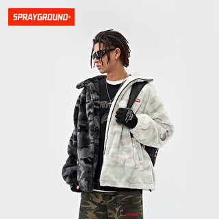 Sprayground 2025 autumn and winter shark mouth plush cotton jacket men's hooded warm high collar spliced cotton jacket dark gray 2xl
