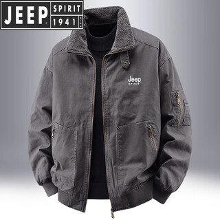 Jeep spirit velvet thickened jacket men's winter warm and loose outdoor pure cotton washed cotton stand collar casual jacket men iron gray (velvet) thickened xl