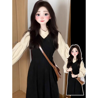 Miao yijia long-sleeved shirt dress women's skirt long skirt clothes women's new spring and autumn new black small suit beige shirt vest dress two-piece set 2xl recommended 120-130jin jin equals 0.5 kg