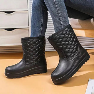 Winter plus velvet warm waterproof mid-calf cotton rain boots thickened non-slip rubber shoes for women thick sole work black 36-37