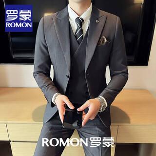 Romon, light and sophisticated, simple british business suit, men's casual business suit, small suit, solid color coat, groom's wedding dress, trendy gray (suit + vest + pants) m 170
