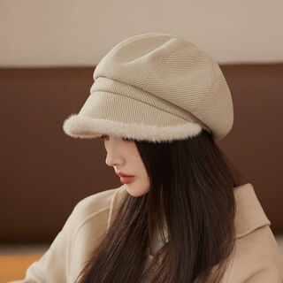 Autumn and winter beret women's velvet warm ear protection small head circumference octagonal hat korean version versatile fashion plush peaked cap beige