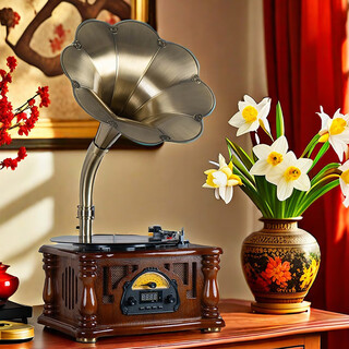 Jinmo retro gramophone mini small vinyl record player bluetooth old antique flow sound machine solid wood gramophone s7 cs7 brown - rechargeable and plug-in dual-use - free genuine records