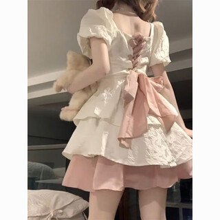 Mengyilan children's clothing 2026 new girls' summer skirt medium and big children's puff sleeve internet celebrity waist bow puff dress main picture color 160 recommended height is about 150cm