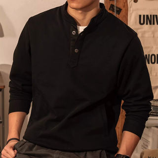 Kazuki kuraishi kazuki kuraishi trendy brand retro henley collar sweatshirt men's 2025 autumn and winter japanese pullover stand collar pure cotton heavyweight long-sleeved henley shirt black m