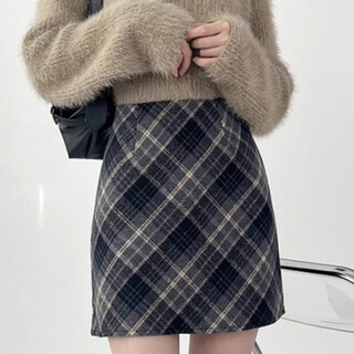 Yi xin woolen skirt women's skirt short skirt plaid skirt a-line hip skirt high waist small person high-end 2025 new style blue gray plaid skirt l recommended weight is about 110-125 jin jin is equal to 0.5 kg