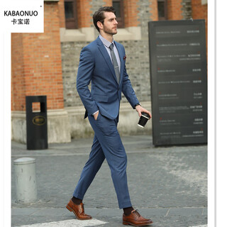 Carbonau wool blue british yuppie suit suit men's suit jacket casual engagement groom wedding formal wear anti-wrinkle glazed blue one button 42 tops trousers size remarks