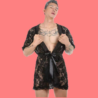 New men's sexy nightgown super sexy lace transparent thong bathrobe lounge suit black s