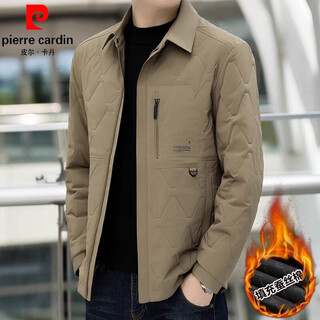 Pierre cardin autumn and winter casual men's thickened coat warm lapel short jacket men's mulberry silk cotton jacket 2025 new khaki xl recommended 140-155jin jin equals 0.5 kg