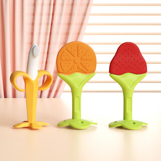 Tired baby soothing teether, molar stick, baby bite gum, anti-eating hand artifact, chewable silicone, can be boiled, fruit three-piece set, orange + strawberry + banana