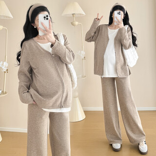 Ran qiqi maternity autumn clothing set 2025 new casual cardigan jacket age reduction top + wide leg pants spring and autumn two-piece set oatmeal color xl