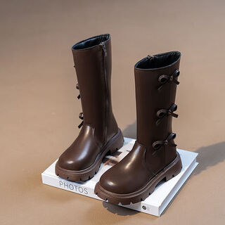 Ye yu girls' boots shoes children's 2025 new leather boots boots autumn and winter plus velvet girls high bow brown velvet size 34 inner length approximately 20.5cm