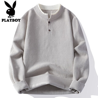 Playboy (playboy) heavy fake two-piece sweater for men winter 2025 american retro sweater thickened warm henley collar sweater jacket light gray xl
