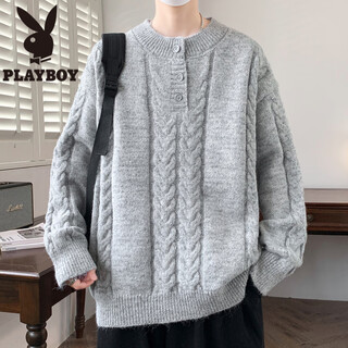 Playboy (playboy) henry collar sweater for men in autumn and winter trendy cable pattern blended pullover sweater for men simple warm woolen clothes light gray m about 90-110jin jin equals 0.5kg can be worn